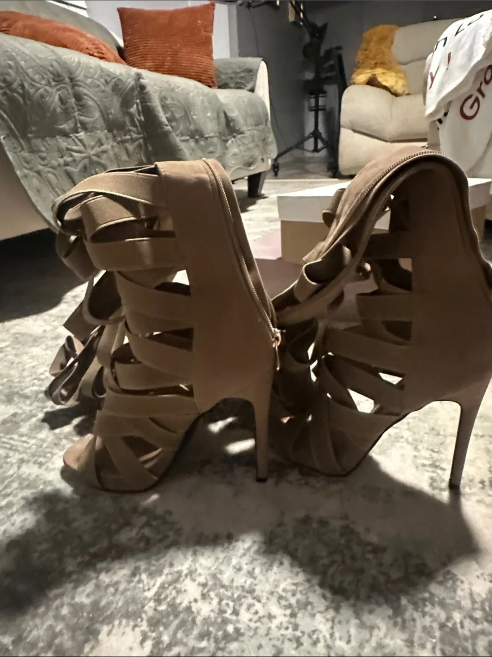 Beige Strappy High Heel Gladiator Sandals - Women
